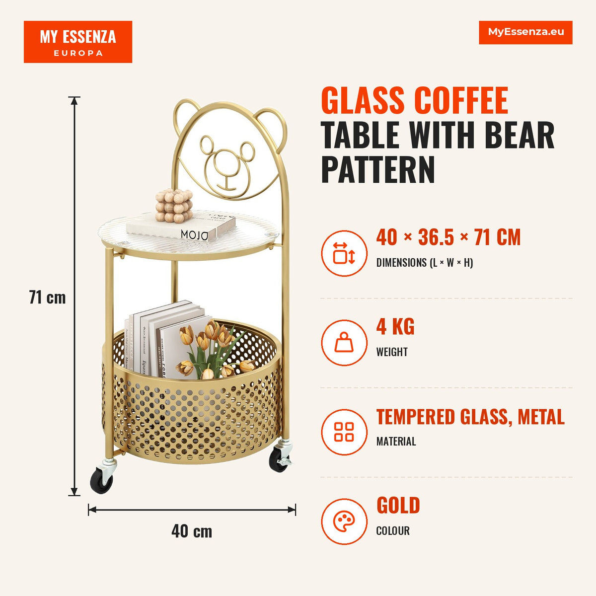 Mesa de Café de Vidro com Padrão Urso 2 Níveis e Rodas Bloqueáveis — Infografia | Infographic — dimensions