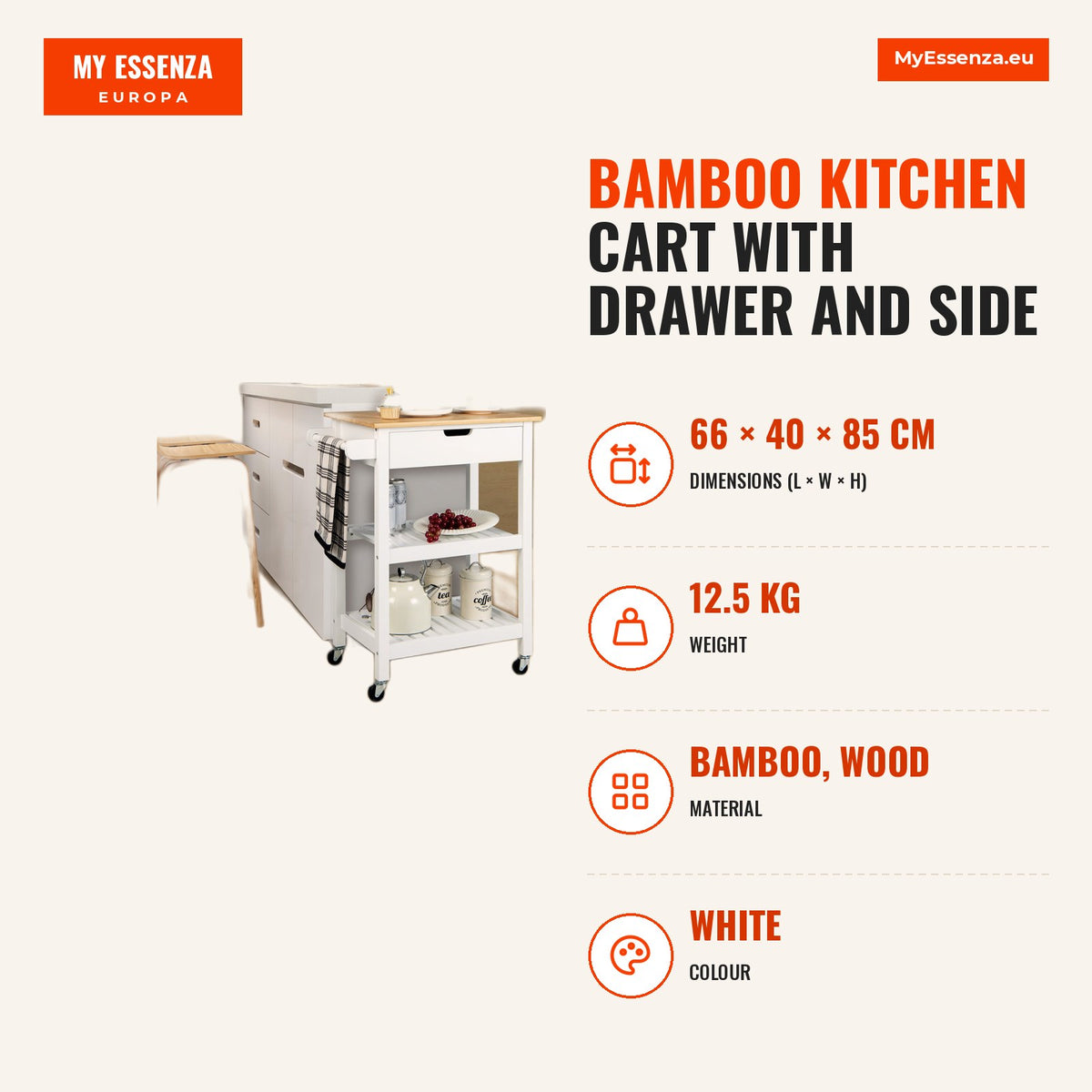 Carrinho de Cozinha em Bambú com Gaveta e Toalheiro Lateral 66x40x85cm — Infografia | Infographic — dimensions