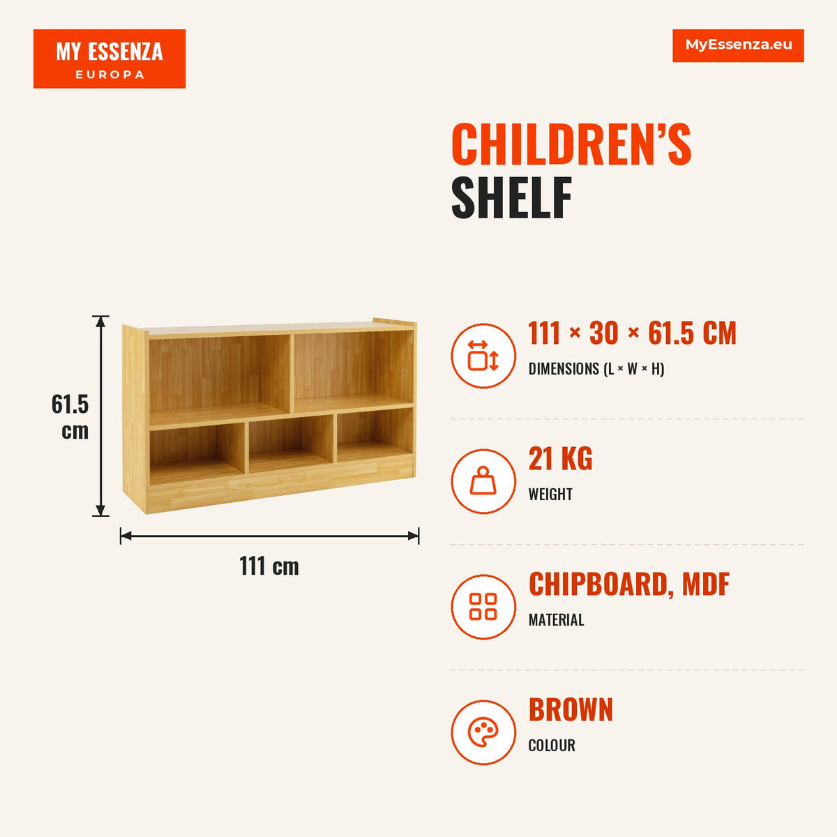 Estante Infantil com 5 Compartimentos para Organização de Brinquedos e Livros – Castanho — Infografia | Infographic — dimensions