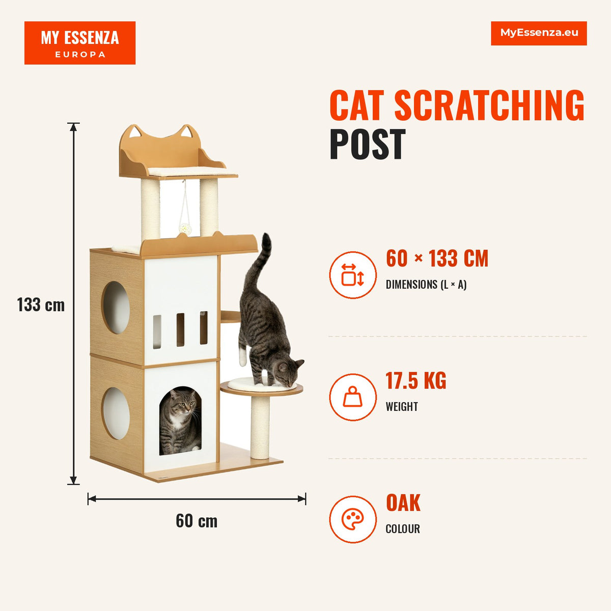Arranhador para Gatos 133 cm Arranhador para Gatos com Caverna Plataformas Bola Suspensa e Postes de Sisal 60x48x133 cm Carvalho — Infografia | Infographic — dimensions