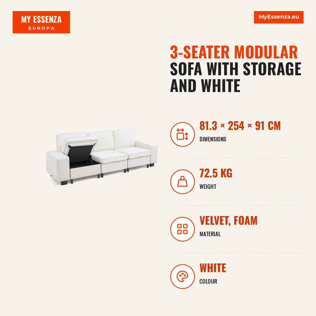 Sofá 3 lugares modular armazenamento base estrutura metal branco — Infografia | Infographic — dimensions