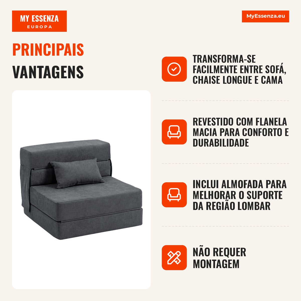 Sofá no Chão Sofá Acolchoado Transformável em Colchão Espuma Almofada Cinza Escuro — infografia 1