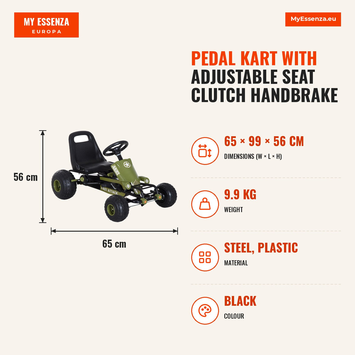Kart a Pedais com Assento Ajustável Embreagem Travão de Mão para Crianças de 3-6 Anos Carga Máxima 35 kg 99x65x56 cm Verde e Preto — Infografia | Infographic — dimensions