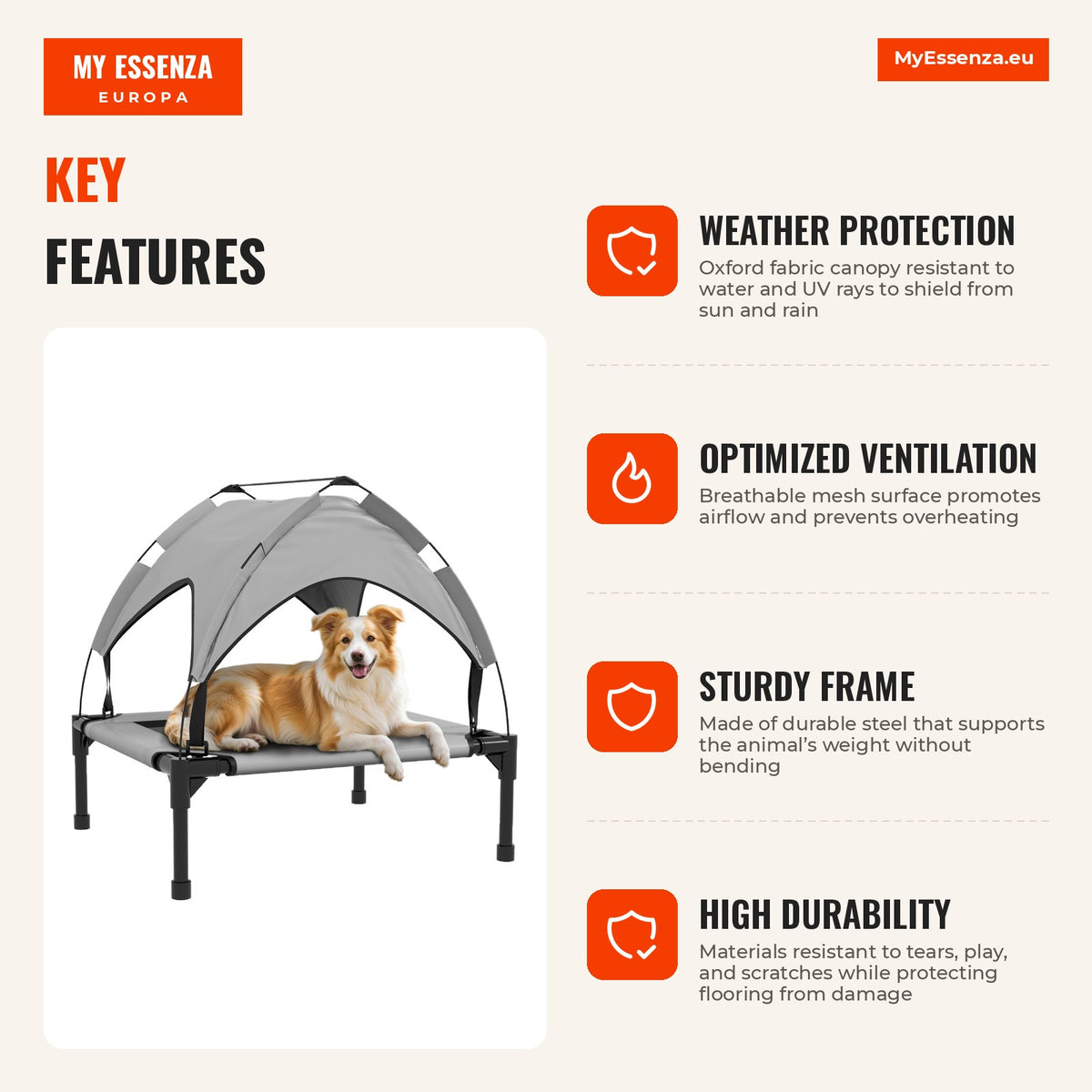 awHut Cama para Cães Elevada com Toldo Cama para Cães Médios com Estrutura de Aço e Bolsa de Transporte para Interior e Exterior 76x61x69,5 cm Cinzent — Infografia | Infographic — dimensions