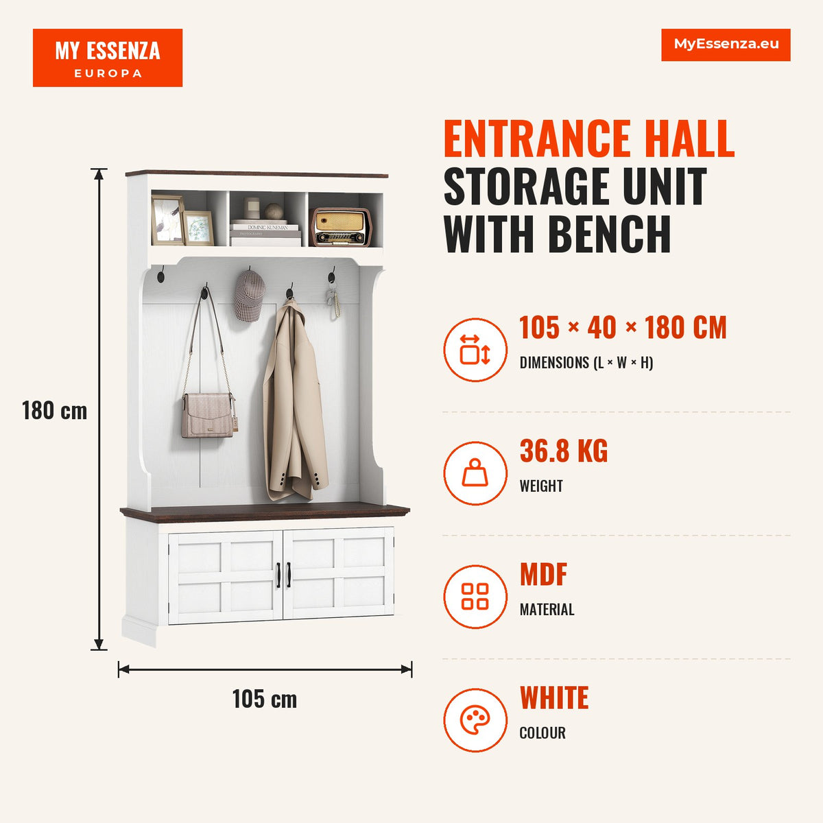 Móvel Cabide de Entrada Móvel de Entrada com Banco Sapateira 5 Ganchos 3 Prateleiras Armário e Compartimentos Estilo Rústico para Corredor Quarto Sala — Infografia | Infographic — dimensions