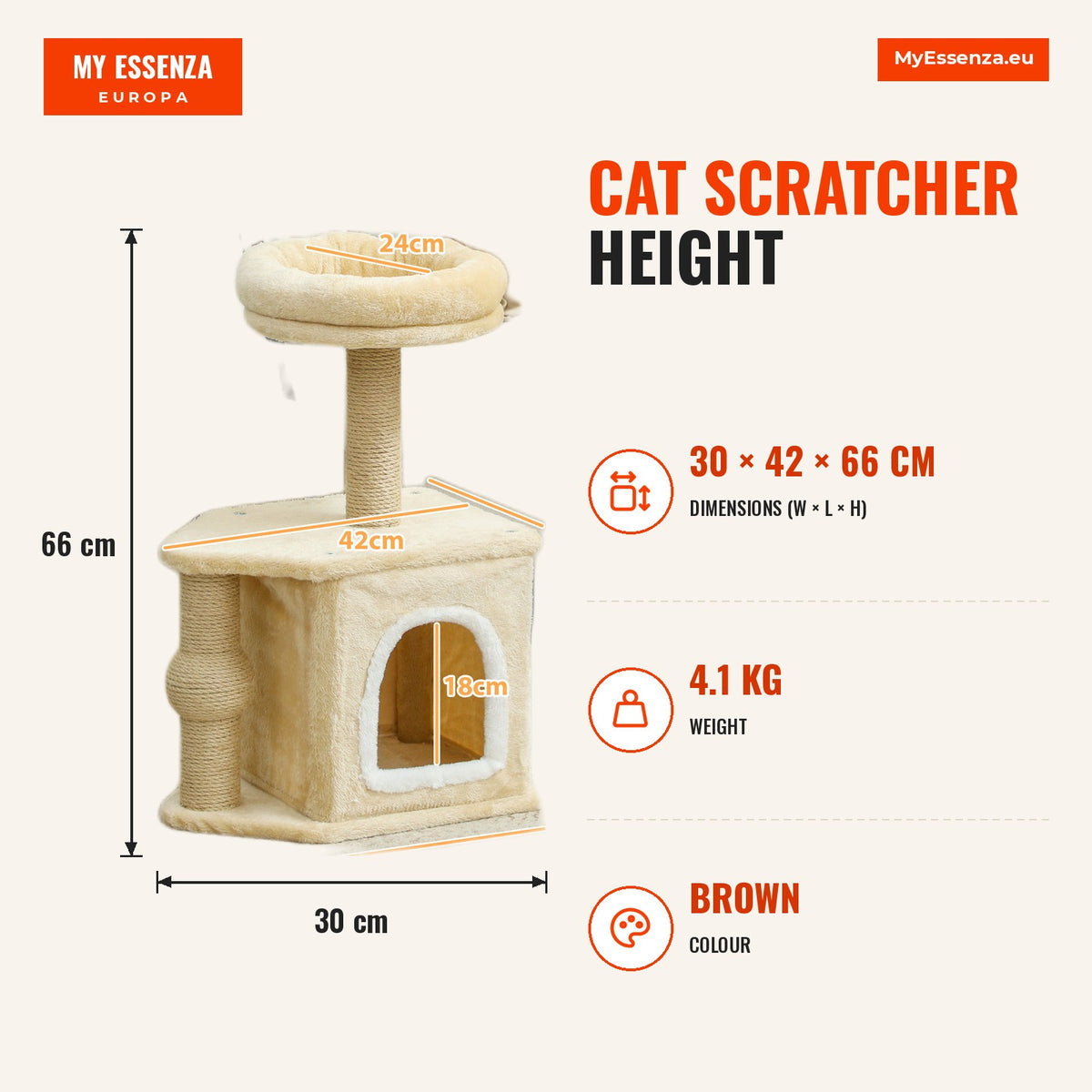 Arranhador para Gatos Altura 66 cm Arranhador para Gatos com Cama Caverna Plataforma Bola Suspensa e Poste de Juta 42x30x66 cm Marrom — Infografia | Infographic — dimensions