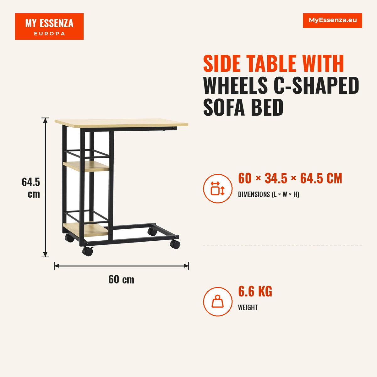 Mesa Auxiliar com Rodas Mesa Lateral em Forma de C para Sofá Cama com 2 Prateleiras e Freios para Dormitório Sala de Estar Estilo Moderno 60x34,5x64,5 — Infografia | Infographic — dimensions
