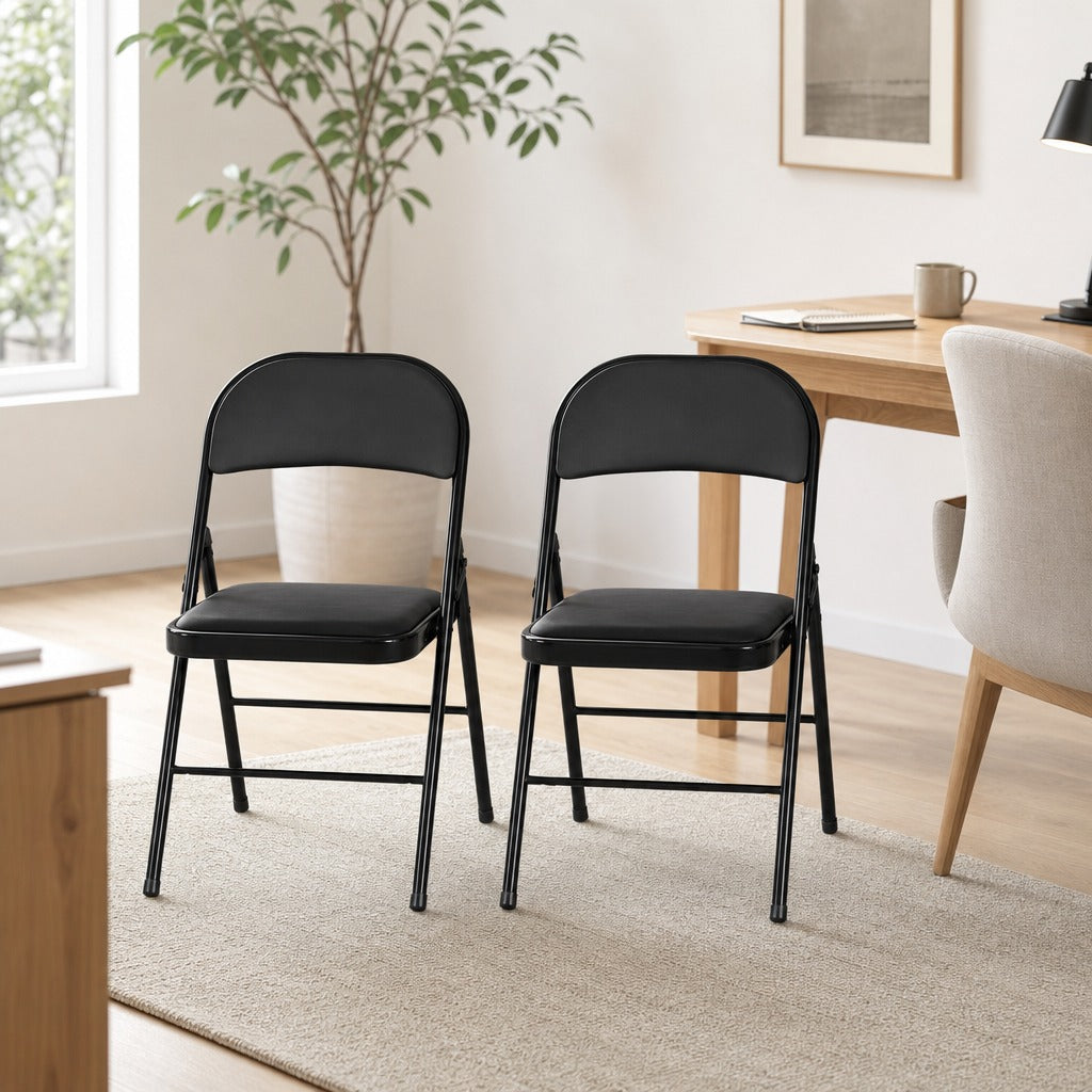 Conjunto de 2 Cadeiras Dobráveis Cadeiras Dobráveis com Encosto e Estrutura de Aço para Sala de Estar Escritório Estúdio 45x46x78 cm Preto — Ambiente | Lifestyle
