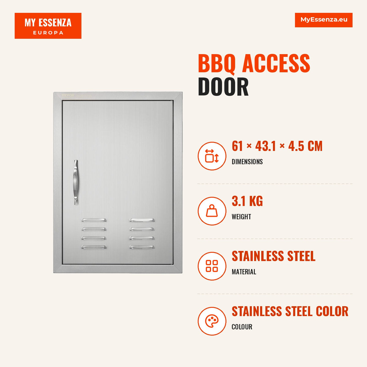 Porta BBQ acesso 610x431mm aço inoxidável flush mount — Infografia | Infographic — dimensions