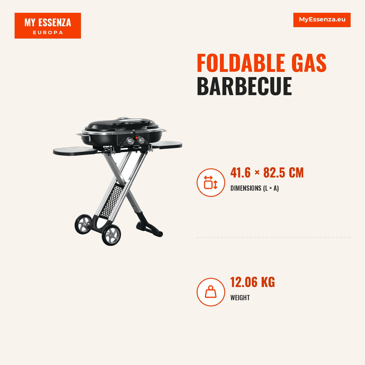 Barbecue a Gás Dobrável com 2 Queimadores 2,34 KW Barbecue a Gás com 2 Rodas 2 Grelhas Metálicas e 2 Mesas Laterais para Piquenique Campismo 100x41,6x — Infografia | Infographic — dimensions