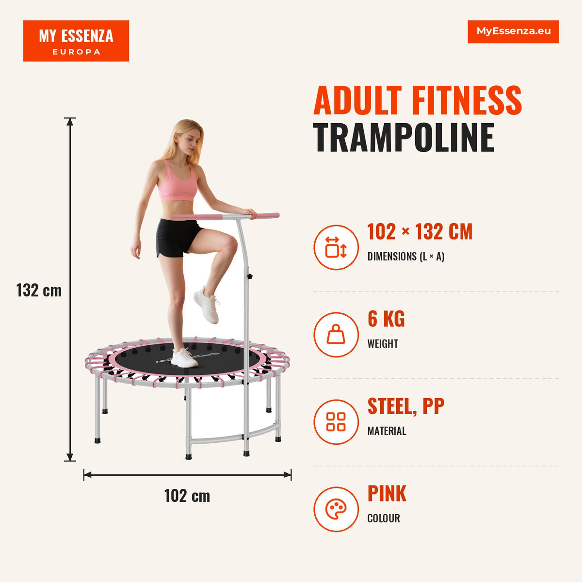 Trampolim de Fitness Adultos Ø102 cm Mini Trampolim Fitness com Pega Ajustável de 5 Níveis Estrutura em Aço para Treino de Pernas Corpo em Casa Escrit — Infografia | Infographic — dimensions