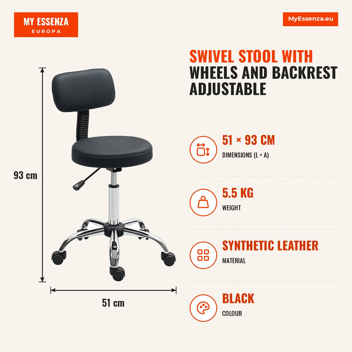 Banco Giratório Banco com Rodas e Encosto Banco de Trabalho com Altura Ajustável 78-93 cm Assento Estofado em Couro Sintético Preto — Infografia | Infographic — dimensions