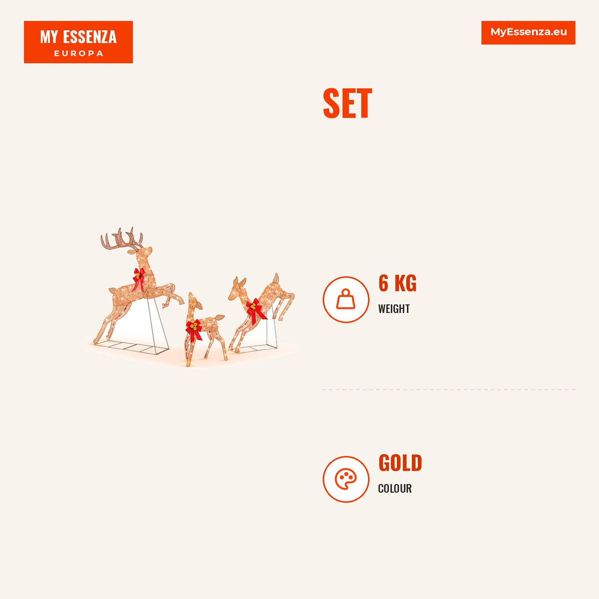 Conjunto de 3 Renas de Natal Iluminadas com 255 Luzes Brancas Quentes para Decoração — Infografia | Infographic — dimensions