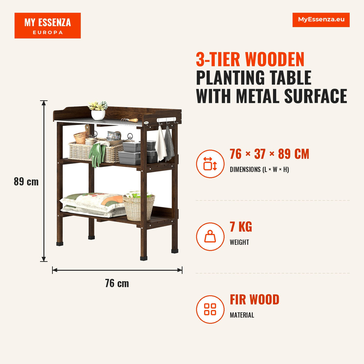 Mesa de Plantação de Madeira de 3 Níveis Mesa de Jardinagem com Superfície Metálica 2 Prateleiras e Ganchos Resistente às Intempéries para Jardim Terr — Infografia | Infographic — dimensions