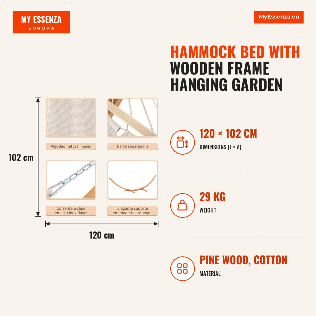 Cama Rede com Suporte de Madeira Cama Rede de Jardim Suspensa com Estrutura e Tecido de Algodão 200x120cm para Terraço Balção Carga Máxima 150kg 392x1 — Infografia | Infographic — dimensions