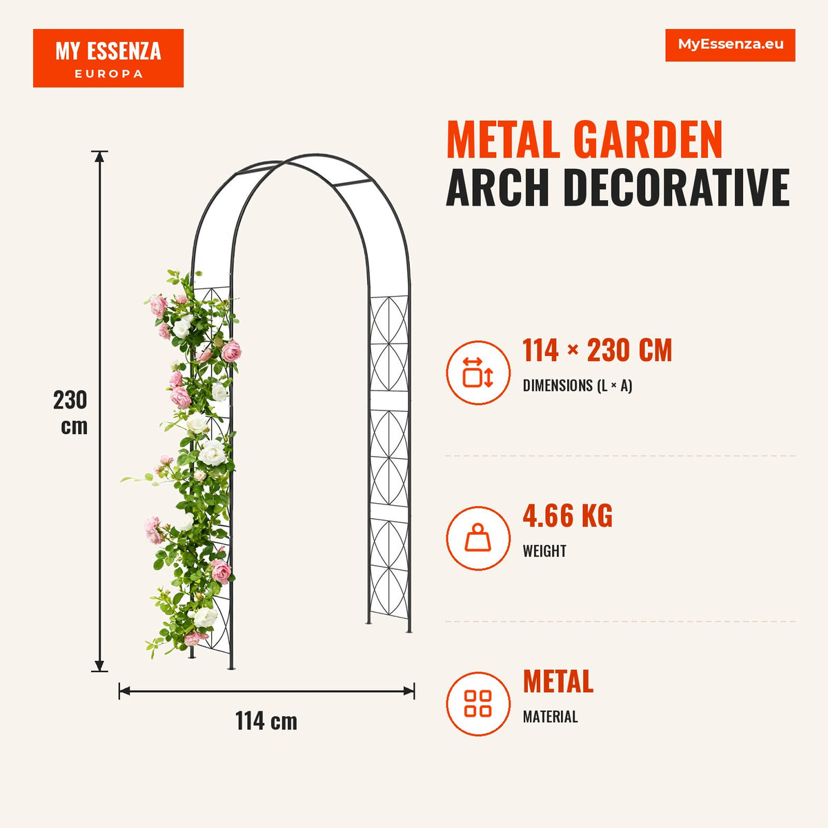 Arco de Jardim de Metal Arco Decorativo com Desenho de Treliça para Plantas Trepadeiras para Decoração Pátio Terraço 114x30x230 cm Preto — Infografia | Infographic — dimensions