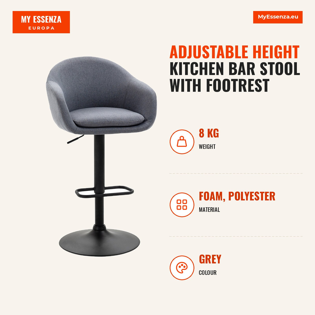 Banco Alto de Cozinha com Altura Ajustável Banco de Bar Estofado com Apoio para o Pés e Pés de Aço Carga Máxima 110 kg 54x54x92-112 cm Cinza Escuro — Infografia | Infographic — dimensions