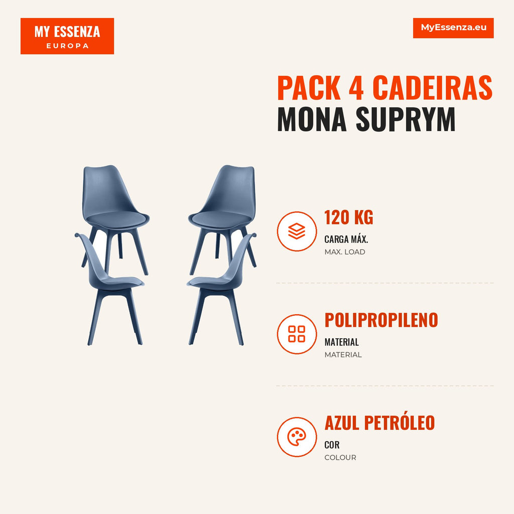 Pack 4 Cadeiras Mona Suprym — Azul Petróleo — Infografia — medidas