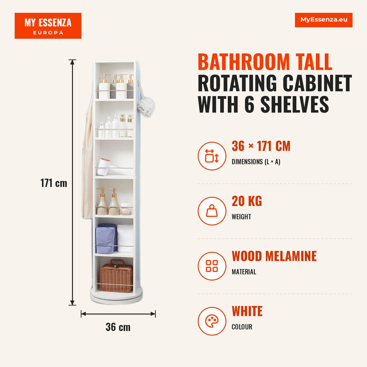 Armário Alto de Casa de Banho Giratório Coluna Casa de Banho com 6 Níveis e Espelho de Corpo Inteiro para Dormitório 36x36x171 cm Branco — Infografia | Infographic — dimensions