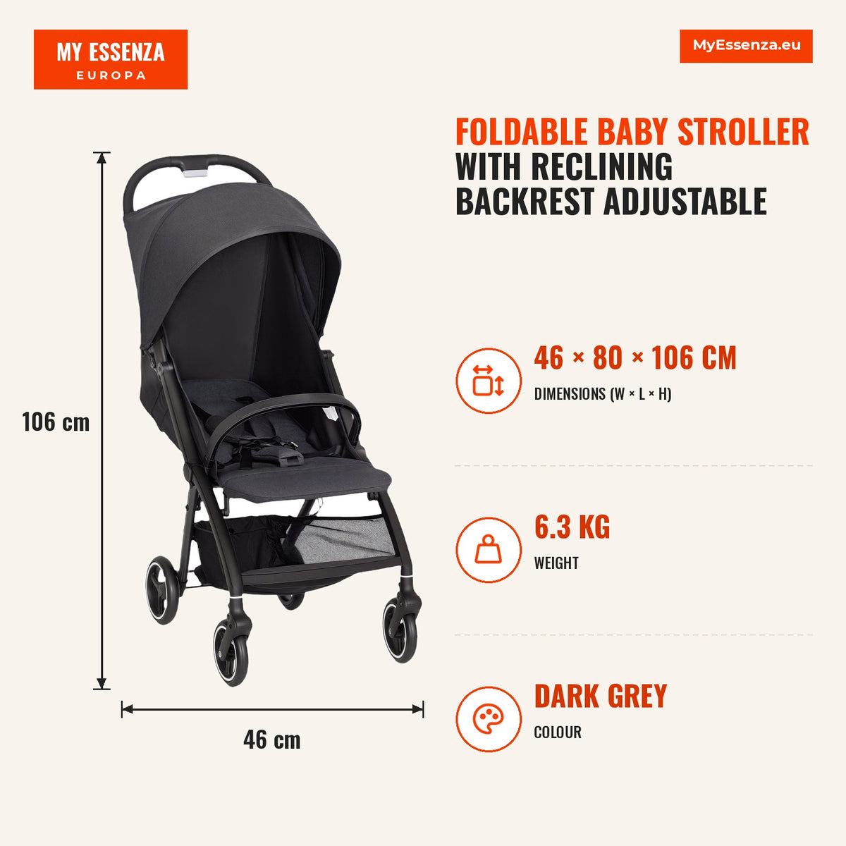 Carrinho de Bebé Dobrável com Encosto Reclinável Apoio para os Pés Ajustável Capota Cesto e Arnês de 5 Pontos Carga Máxima 15 kg 80x46x106 cm Cinza Es — Infografia | Infographic — dimensions