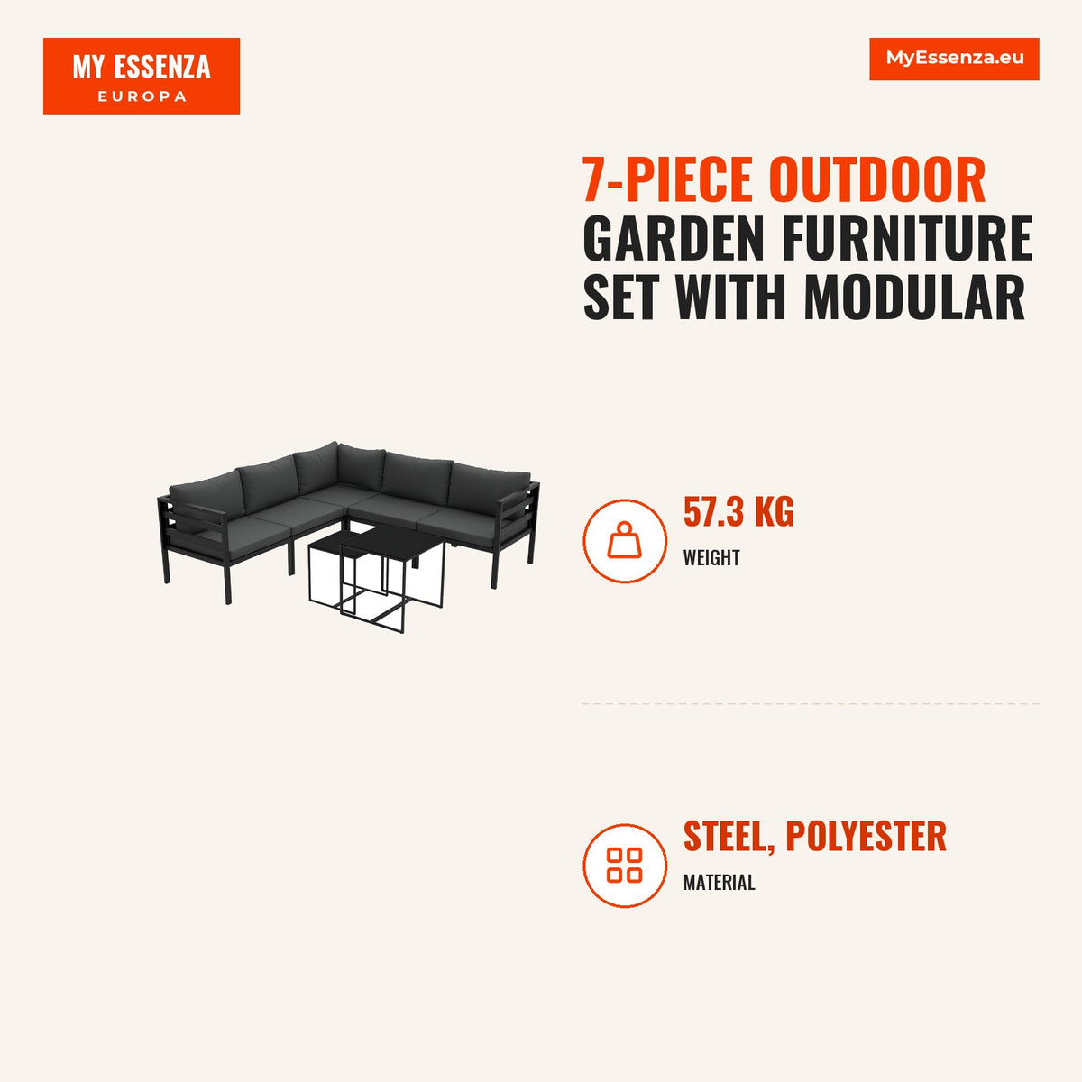 Conjunto de Móveis de Jardim 7 Peças Conjunto de Móveis de Terraço Inclui 4 Sofás de Exterior 1 Sofá de Canto e 2 Mesas de Centro com Almofadas para P — Infografia | Infographic — dimensions