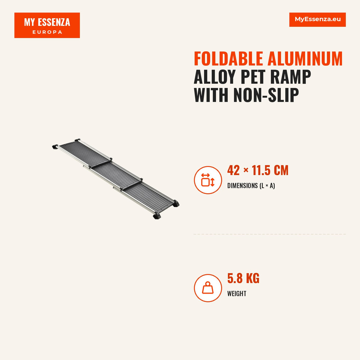 Rampa dobrável em liga de alumínio para animais de estimação com trilhos laterais antiderrapantes e alça de transporte fácil. 100 kg 159x42x11,5 cm Pr — Infografia | Infographic — dimensions