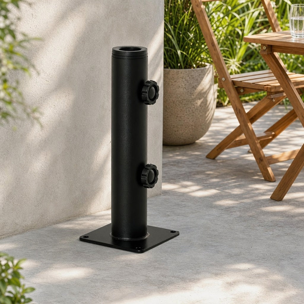 Suporte Chapéu de Sol para Chão de Cimento com 2 Botões de Bloqueio e 4 Parafusos Base de Chapéu de Sol para Mastros de 34/38/48mm 12x12x30cm Preto — Ambiente | Lifestyle
