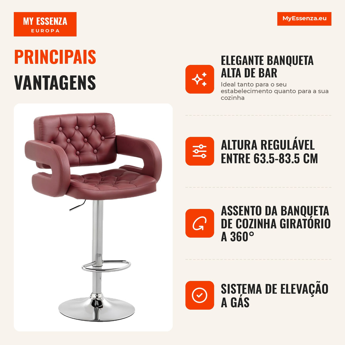Banqueta de Bar com Encosto e Apoios de Braço Altura Regulável e Apoio para Pés Pele Sintética Vinho — infografia 1