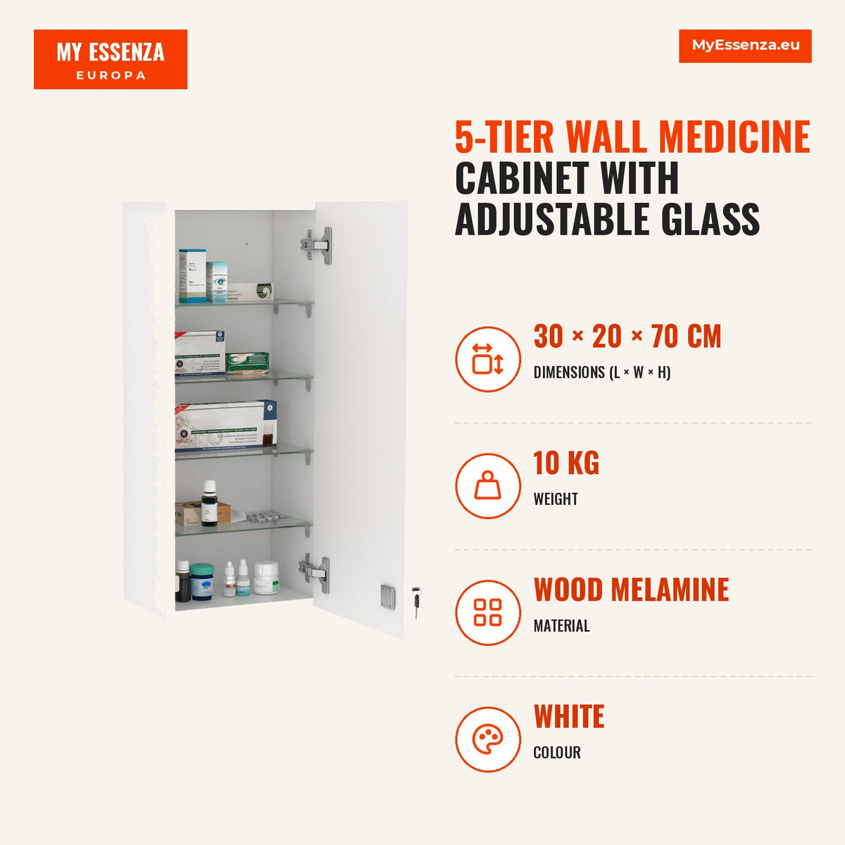 Armário de Medicamentos de Parede de 5 Níveis com Prateleiras Ajustáveis de Vidro Fechadura e 2 Chaves para Casa de Banho Cozinha 30x20x70 cm Branco — Infografia | Infographic — dimensions