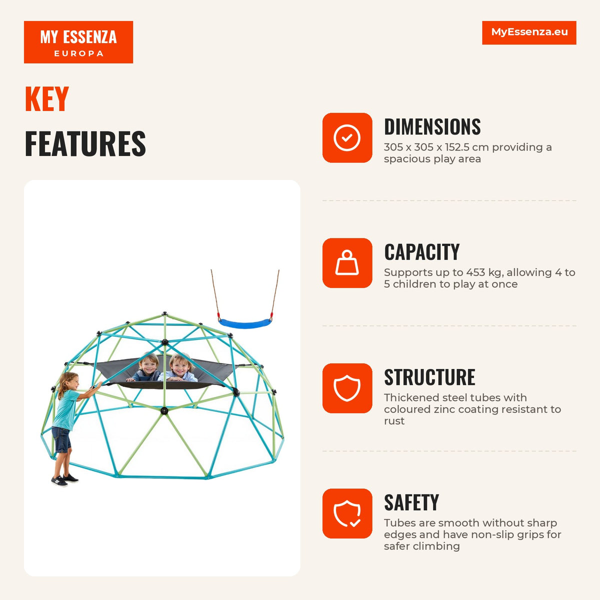 Domo de Escalada 305 cm, capacidade 453 kg, com baloiço e rede — Infografia | Infographic — dimensions
