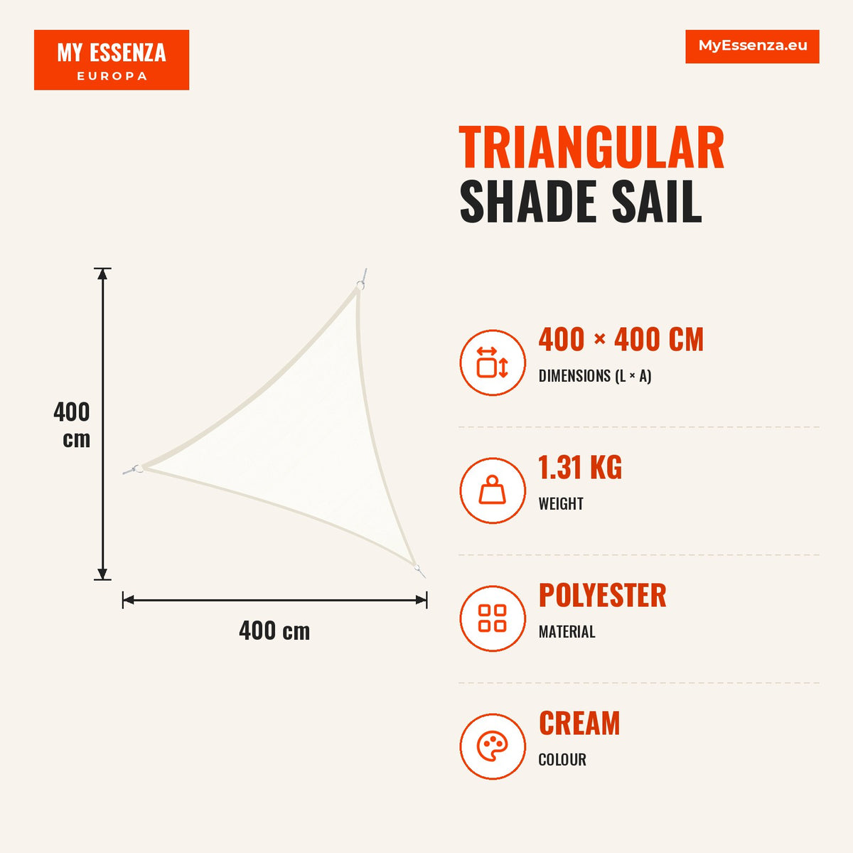 Vela de Sombra Triangular 4x4x4 m Toldo Vela de Poliéster com Proteção UV Aneis em Forma de D e Cordas para Jardim Pátio Piscina Creme — Infografia | Infographic — dimensions