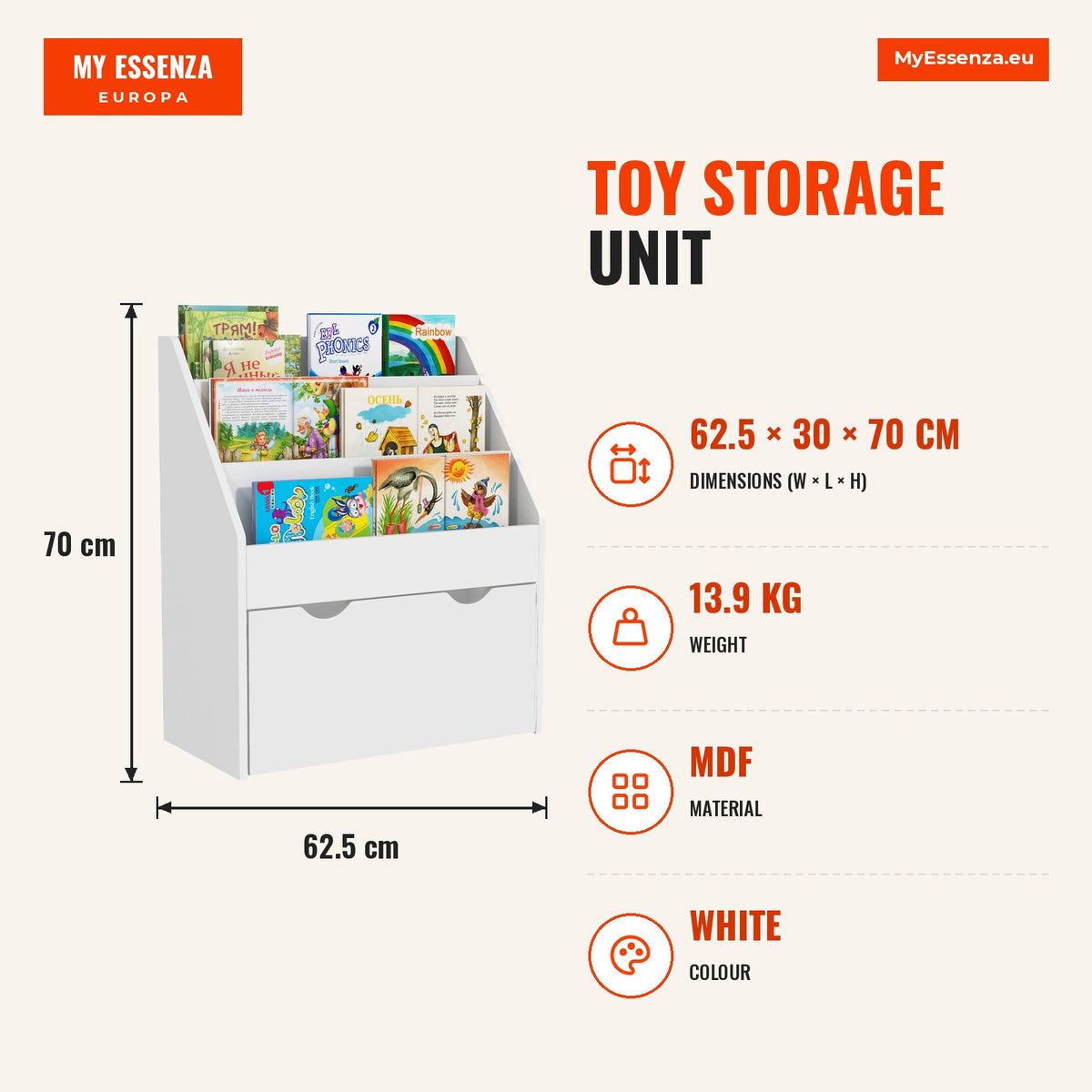 Estante de Brinquedos com 3 Compartimentos Estante Infantil para Brinquedos com Gaveta com Rodas Multifuncional para Quarto Sala de Jogos 62,5x30x70 c — Infografia | Infographic — dimensions