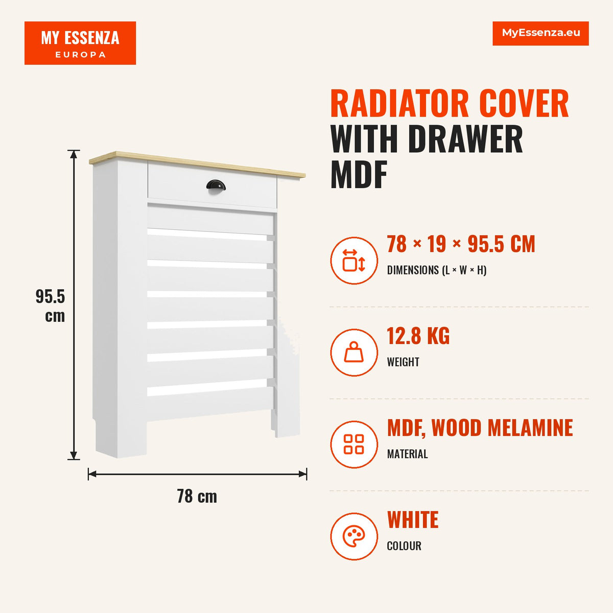 Cobertura para Radiador com Gaveta Cobertura para Radiador de MDF para Sala de Estar Dormitório Corredor 78x19x95,5 cm Branco — Infografia | Infographic — dimensions