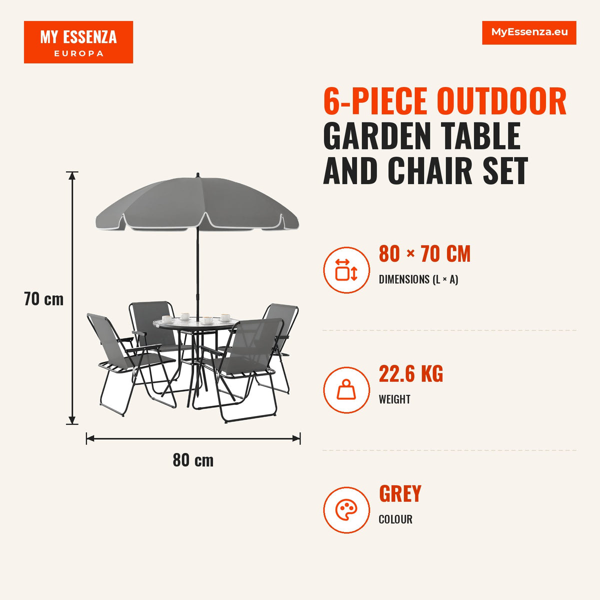 Conjunto de Mesa e Cadeiras de Jardim de 6 Peças Móveis de Jardim Exterior com 4 Cadeiras Dobráveis Mesa de Vidro e Chapéu de Sol para Terraço Pátio C — Infografia | Infographic — dimensions