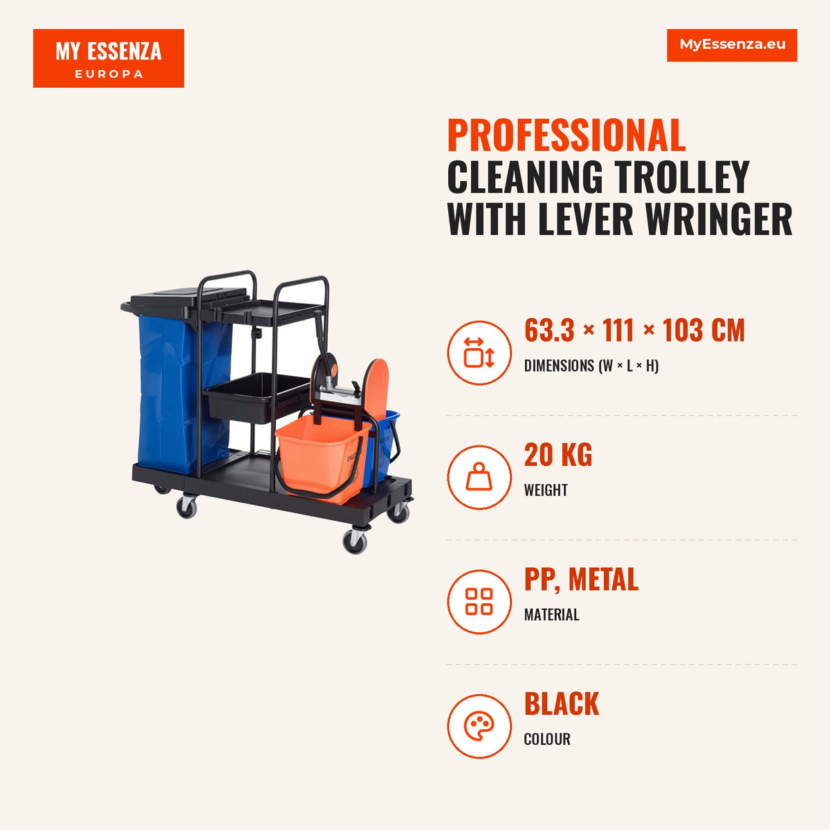 Carro de Limpeza Professional com Escorredor de Alavanca com 3 Prateleiras e 2 Baldes de 18L Bolsa com Tampa Rodas 111x63,3x103cm Preto Azul e Laranja — Infografia | Infographic — dimensions