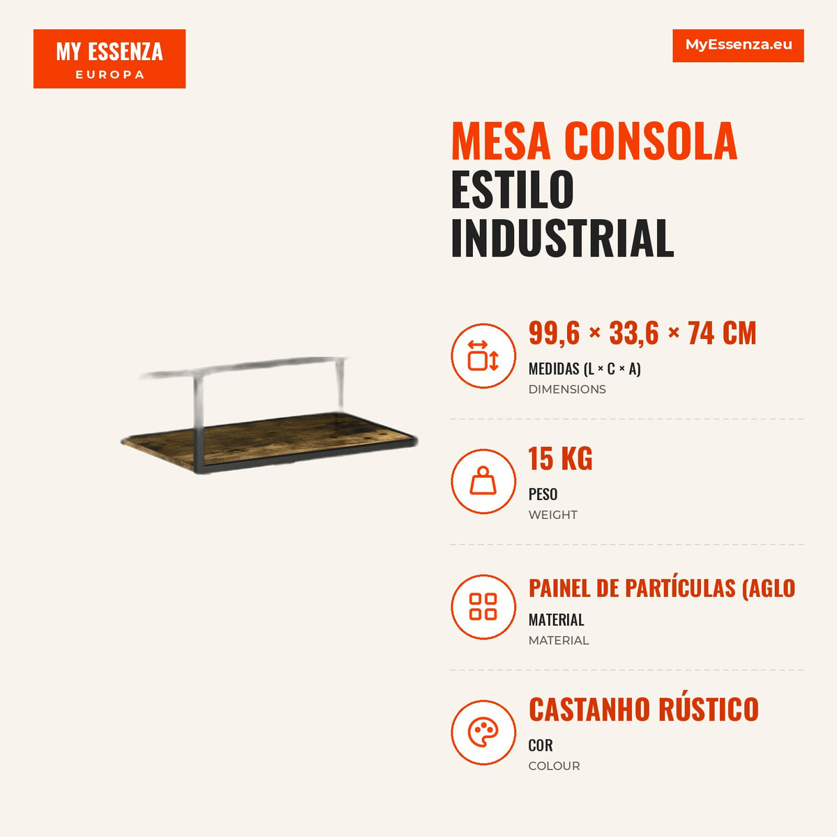 Mesa consola estilo industrial com 4 níveis de arrumação 3 prateleiras inferiores 99,6 x 33,6 x 74 cm — infografia 1
