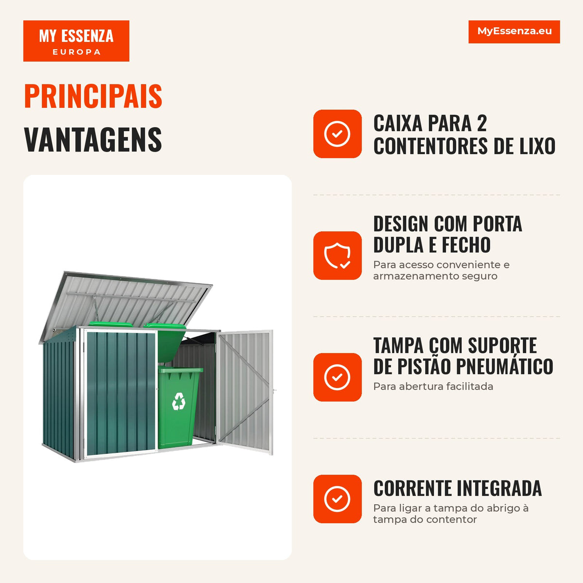 Caixa para Contentores de Lixo Fechável com Porta Dupla e Tampa para 2 Contentores Aço 179,5x108x129,5/113 cm Verde — infografia 1
