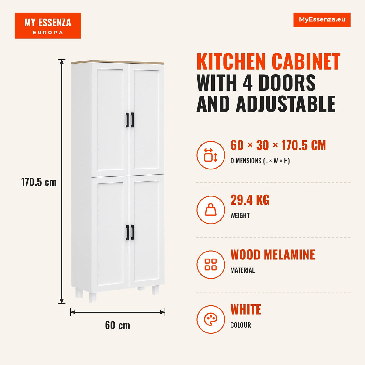 Armário de Cozinha Armário de Armazenamento Cozinha com 4 Portas e Prateleiras Ajustáveis Anti-Tombo 60x30x170,5 cm Branco — Infografia | Infographic — dimensions
