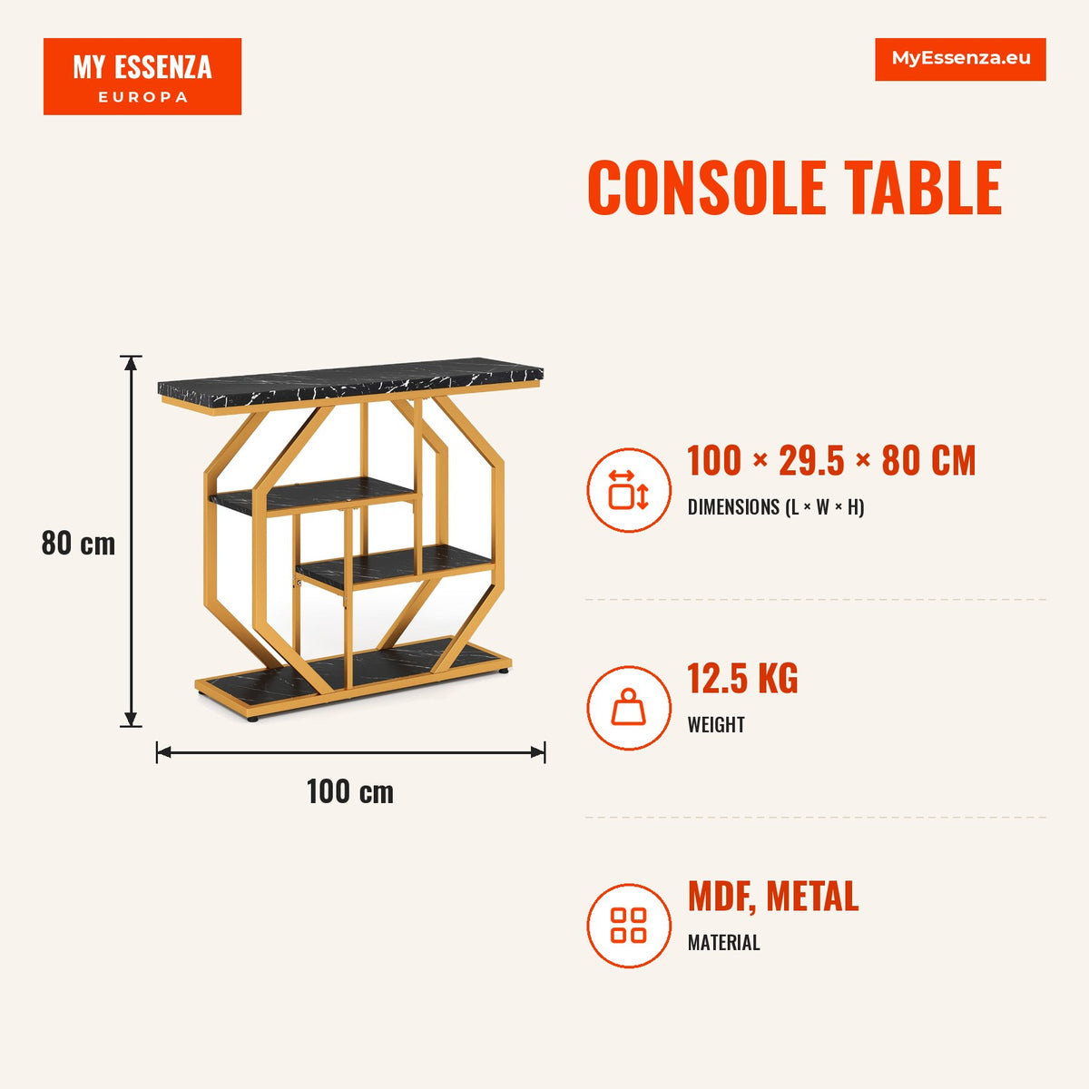 Mesa Consola 4 Níveis Estrutura Metálica Dourada Superfície Mármore Preto — Infografia | Infographic — dimensions