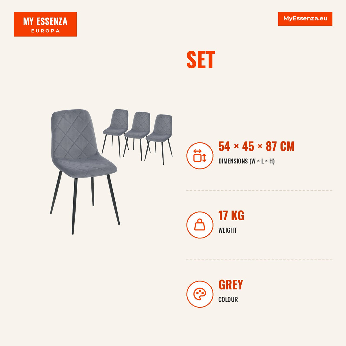 Conjunto de 4 Cadeiras de Jantar Modernas Cadeiras de Cozinha Estofadas em Veludo com Pés de Aço para Sala de Estar 45x54x87 cm Cinza — Infografia | Infographic — dimensions