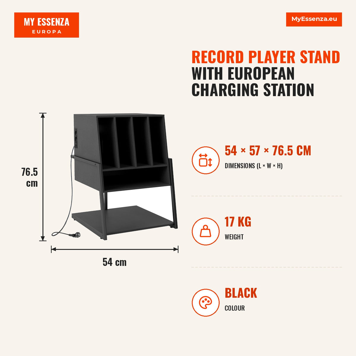Suporte para Gira-discos com Estação de Carga Europeia Prateleira para Vinilos com Rodas e Pés Ajustáveis Preto — Infografia | Infographic — dimensions