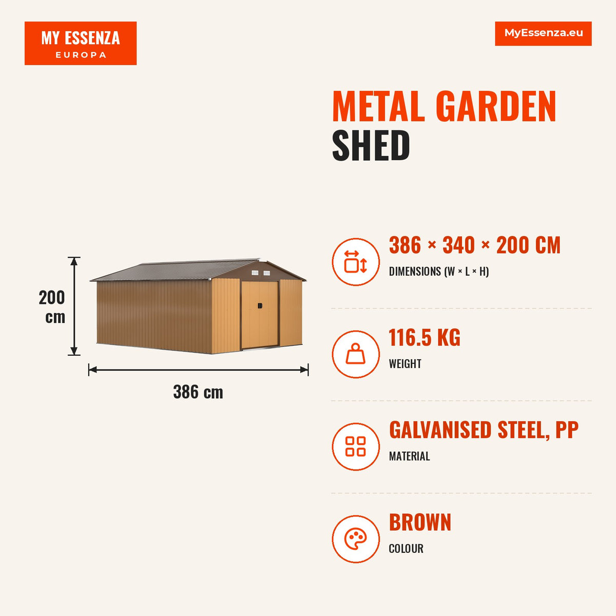 Abrigo de Jardim Metálico 340x386x200cm Abrigo de Exterior para Armazenamento de Ferramentas com Base de Reforço Incluida 4 Janelas de Ventilação e Po — Infografia | Infographic — dimensions