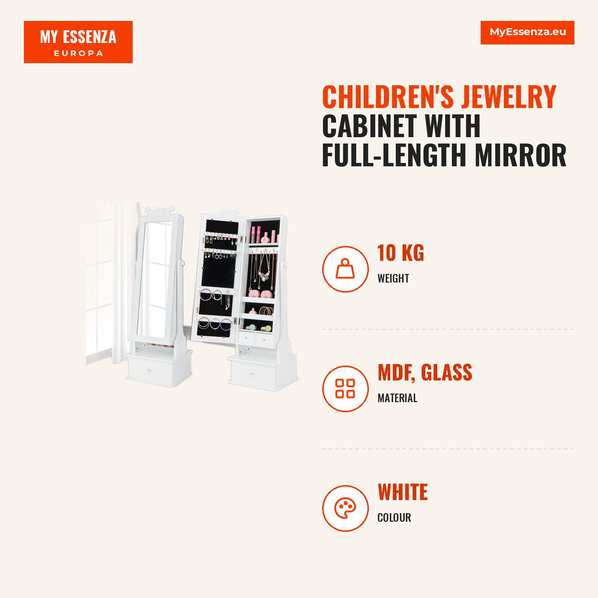 Armário de Joias Infantil com Espelho de Corpo Inteiro e 3 Gavetas 34 x 30 x 103/113 cm Branco — Infografia | Infographic — dimensions