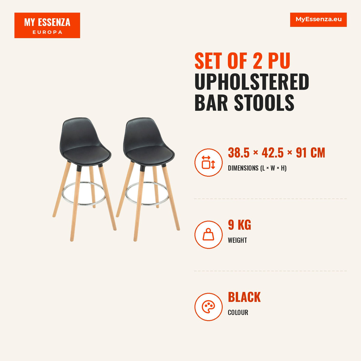 Conjunto de 2 Bancos de Bar Estofado em PU Bancos Altos de Cozinha com Assento de 69 cm e Pés de Madeira para Cozinha Sala de Jantar 38,5x42,5x91 cm P — Infografia | Infographic — dimensions