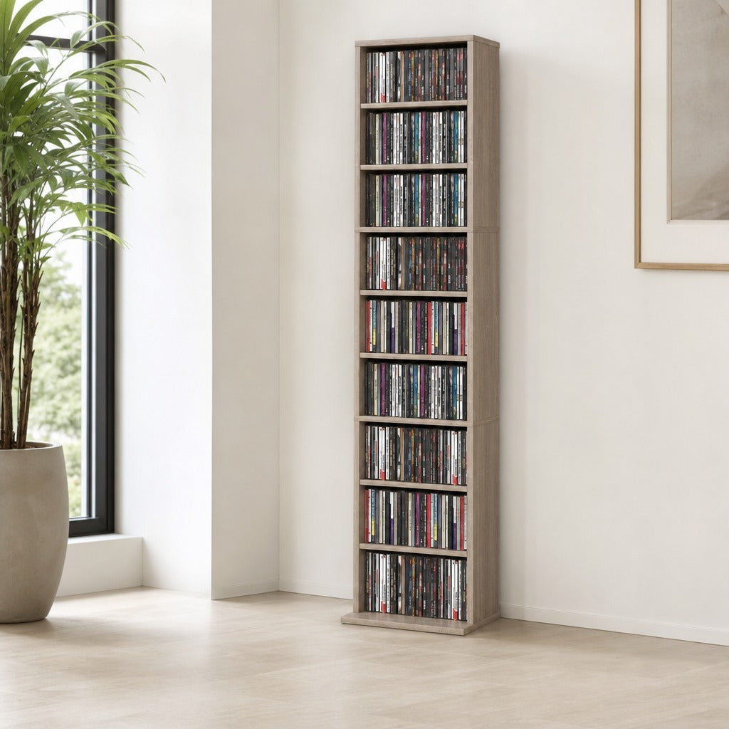 Estante para CDs e DVDs Suportes para CD Estreitos com 9 Compartimentos Prateleiras Ajustáveis para Sala Escritório 33x24x140 cm Madeira — Ambiente | Lifestyle