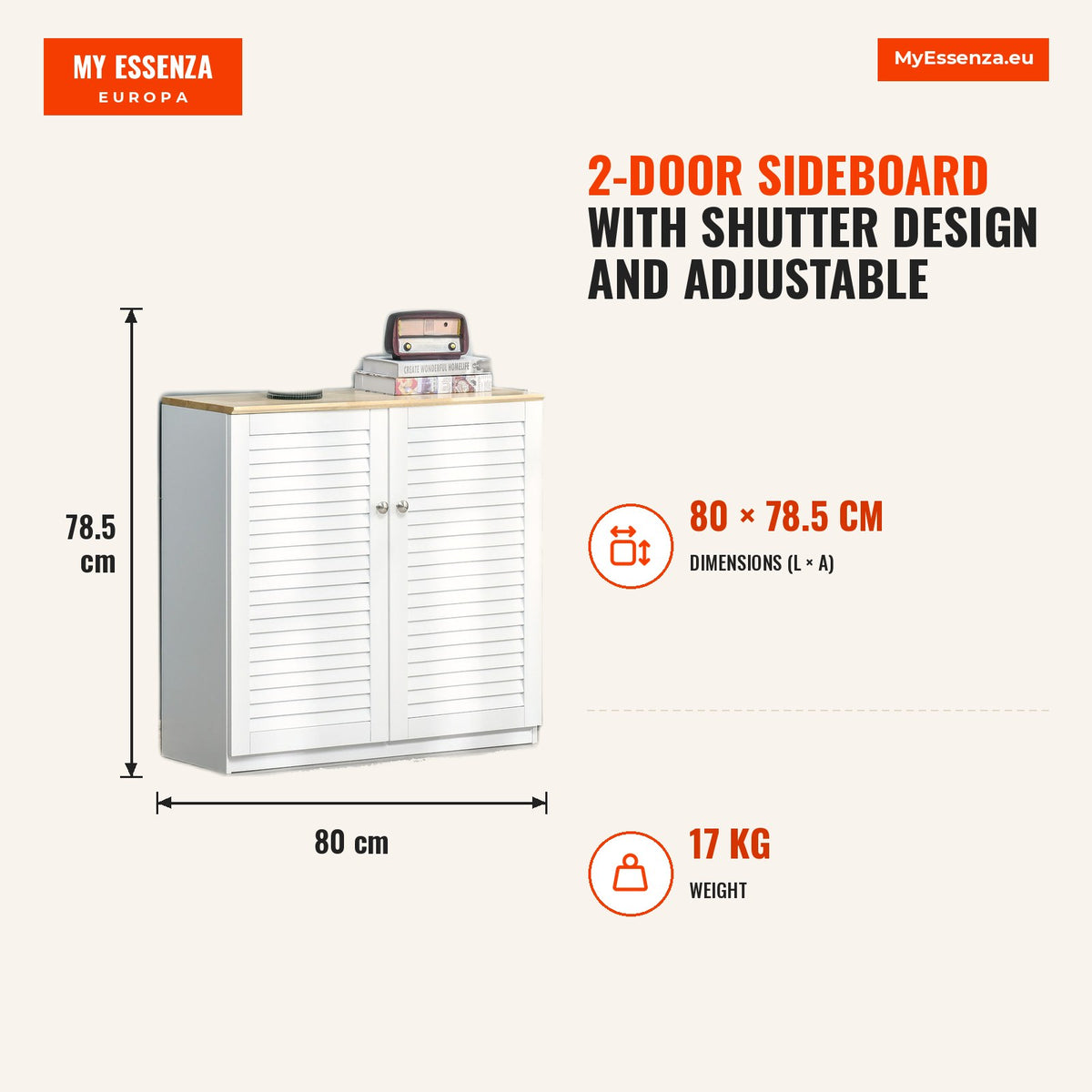 Aparador de 2 Portas Desenho de Persiana com Prateleira Ajustável Armário Auxiliar de Armazenamento Moderno para Sala de Estar Dormitório 80x30x78,5cm — Infografia | Infographic — dimensions