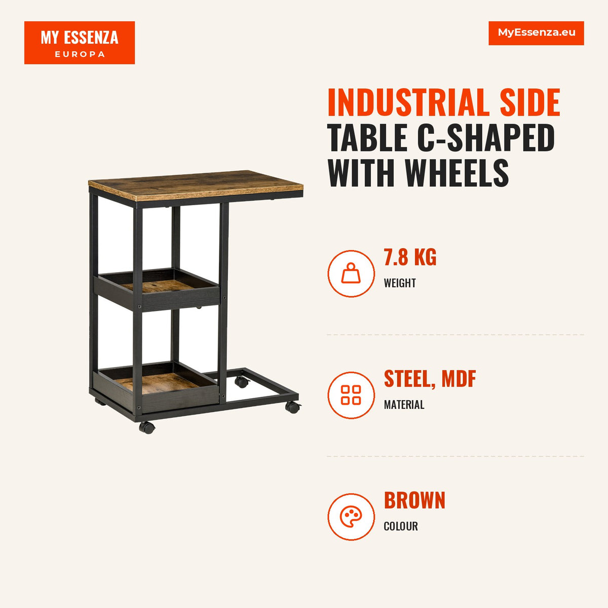 Mesa Auxiliar Industrial Mesa Auxiliar em Forma de C com Rodas Prateleiras Abertas e Estrutura de Aço para Sala de Estar Dormitório 51x33x66 cm Marrom — Infografia | Infographic — dimensions