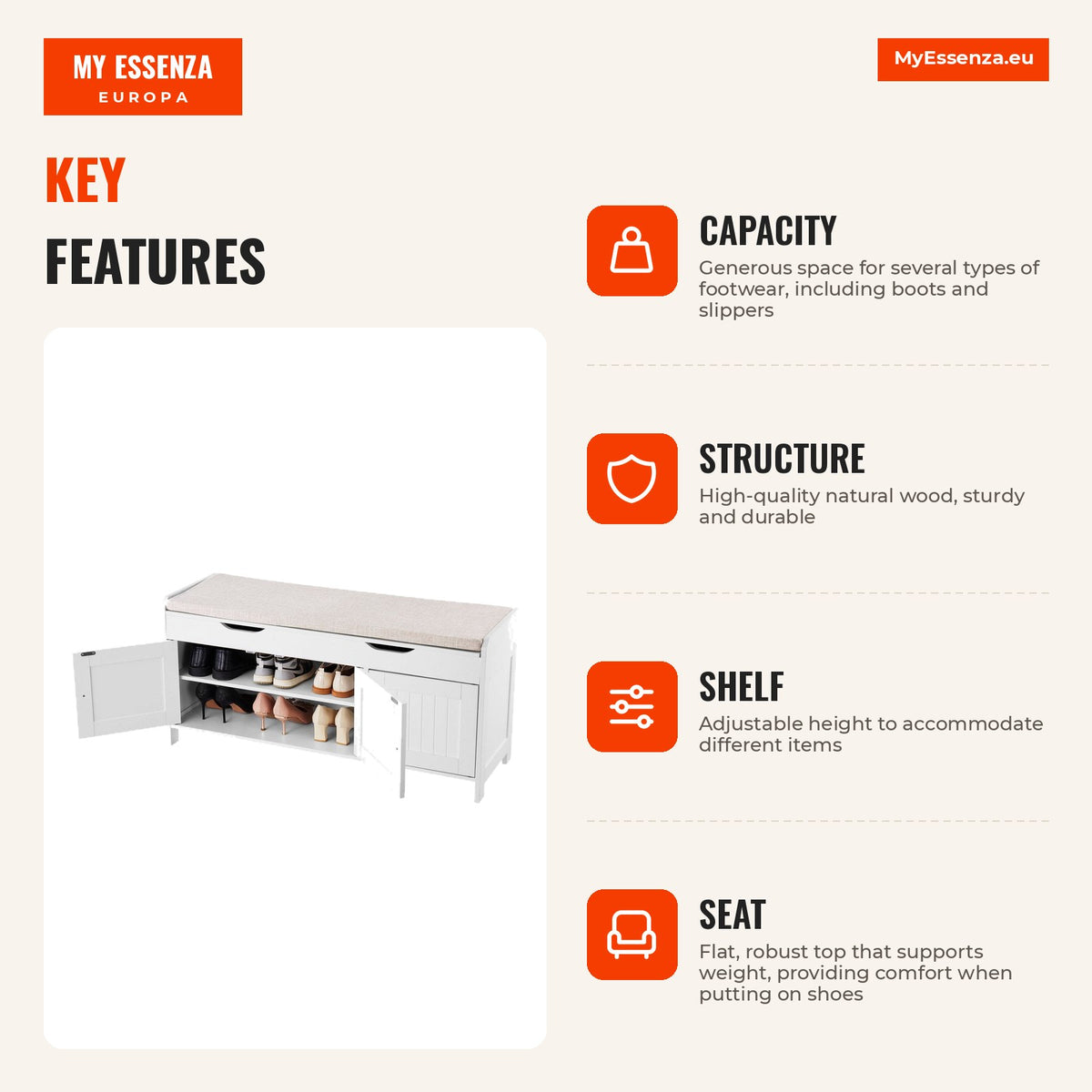 Banco para sapatos 105 x 35 x 50 cm, armazenamento amplo, prateleira ajustável — Infografia | Infographic — dimensions