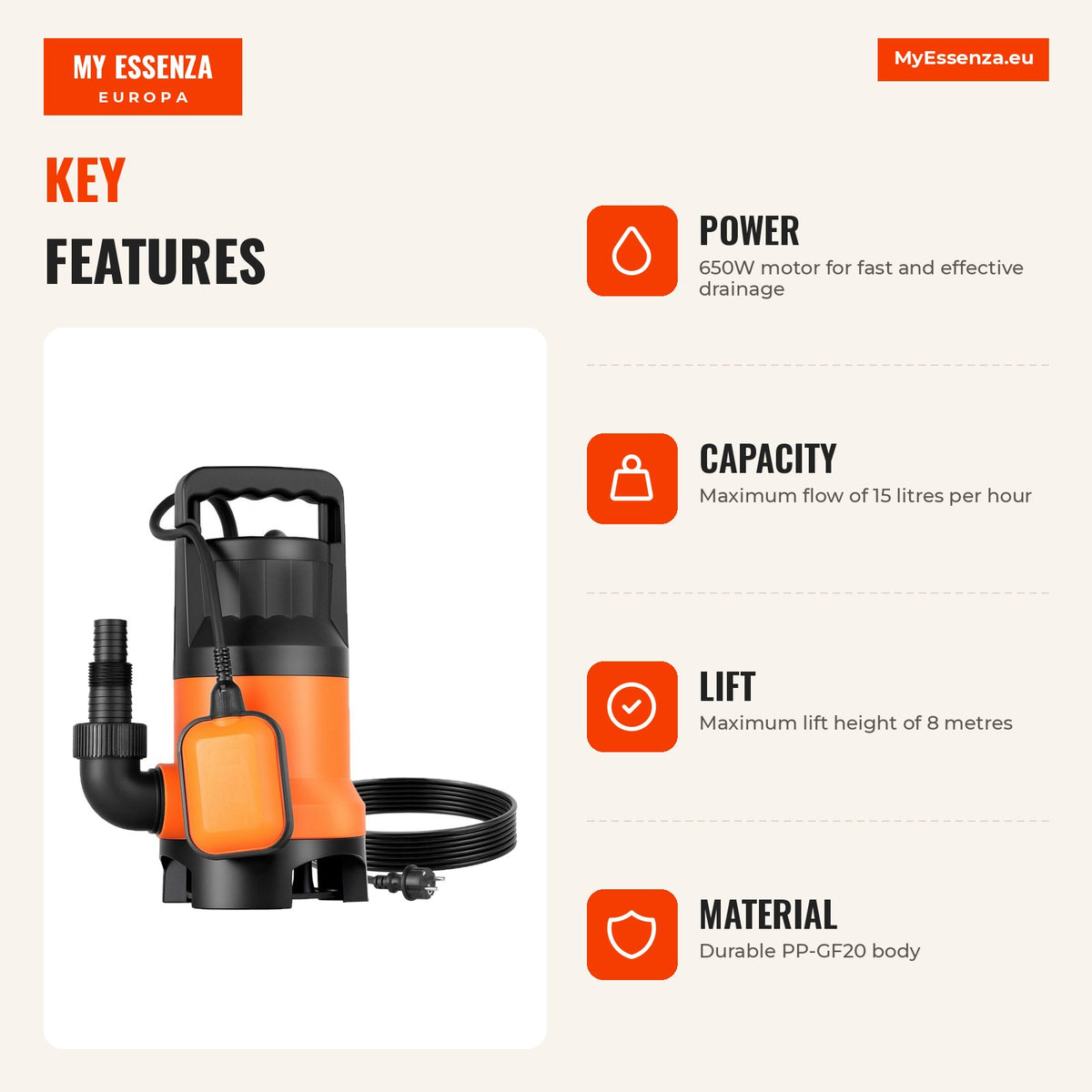 Bomba submersível 650W, 15 L/h, elevação 8 m, PP-GF20 — Infografia | Infographic — dimensions