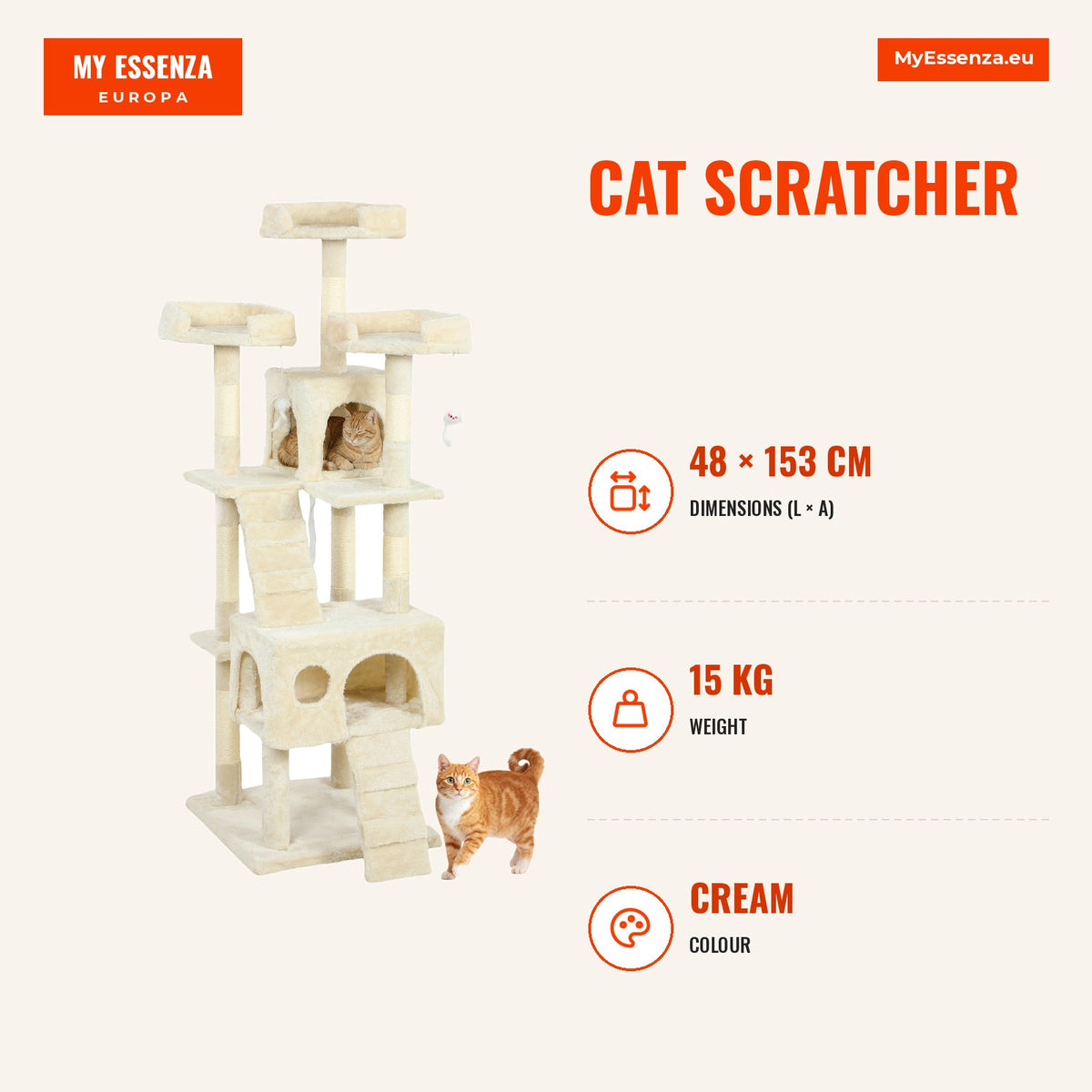Arranhador para Gatos Arranhador de Gatos 153 cm com 2 Cavernas 3 Camas 2 Rampas Postes de Sisal e 2 Ratos Pendentes Bege — Infografia | Infographic — dimensions